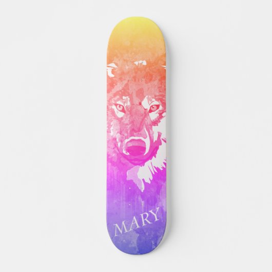 Moderne oranje paarse roze waterverf wolf skateboard (Voorkant)