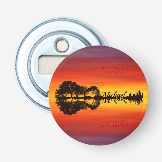 Moderne Oranje Sunset Guitarist Name Waterverf Button Flesopener (Voorkant)