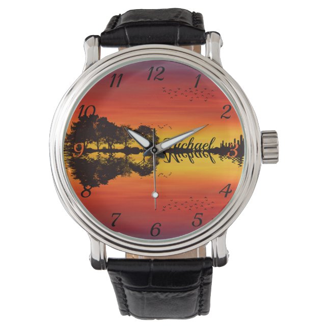 Moderne Oranje Sunset Guitarist Name Waterverf Horloge (Voorkant)