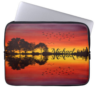 Moderne Oranje Sunset Guitarist Name Waterverf Laptop Sleeve