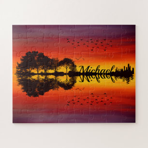 Moderne Oranje Sunset Guitarist Name Waterverf Legpuzzel