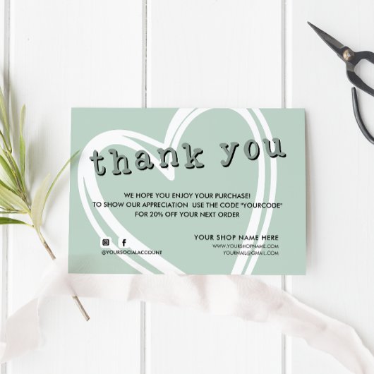 Moderne ORDER INSERT trendy bedankt Sage green Visitekaartje