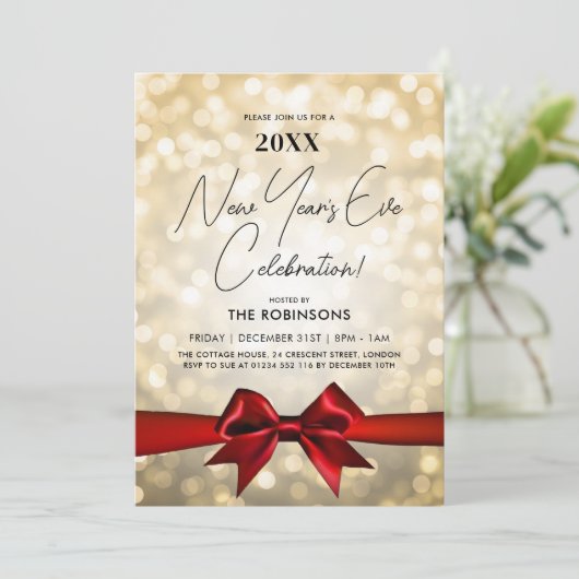 MODERNE oudejaarsfeest gouden bokeh rode boog Kaart (Staand voorkant)