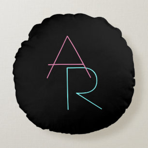 Moderne overlappende initialen   Roze Turquoise Zw Rond Kussen
