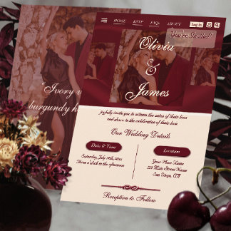 Moderne Overlay Foto Script Burgundy Ivoor Trouwka Kaart