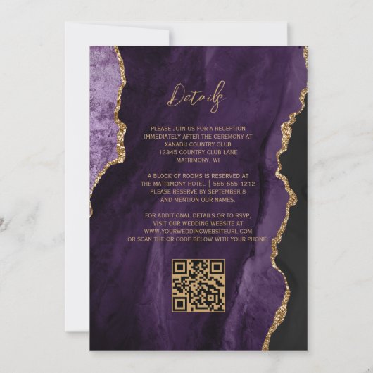 Moderne Paarse Agate Script QR Code Wedding Kaart (Achterkant)