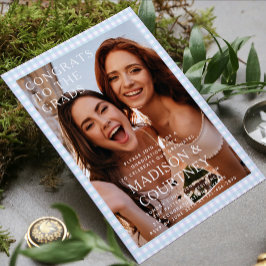 Moderne Paarse Blauwe Gingham Fotoafstudeerfeest Kaart