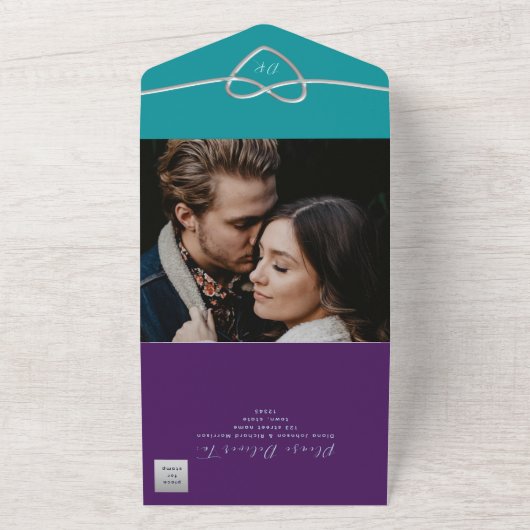 Moderne Paarse Blauwgroen bruiloft All In One Uitnodiging (Buitenkant)