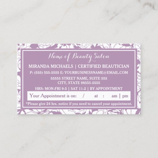 Moderne Paarse Bloemensalon Afspraakherinnering Afsprakenkaartje (Voorkant)