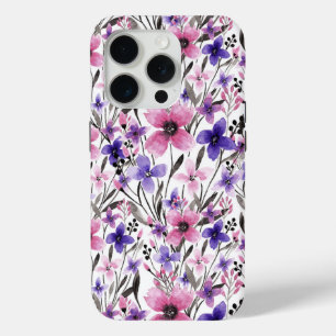 Moderne Paarse bloementeelt in roze Waterverf iPhone 15 Pro Case
