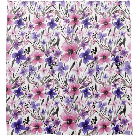 Moderne Paarse bloementeelt in roze Waterverf Douchegordijn (Voorkant)