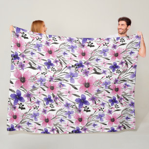 Moderne Paarse bloementeelt in roze Waterverf Fleece Deken