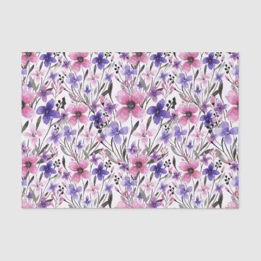 Moderne Paarse bloementeelt in roze Waterverf Tissuepapier (Voorkant)