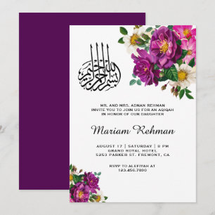 Moderne paarse bloemige Aqiqah voor babymeisjes Kaart