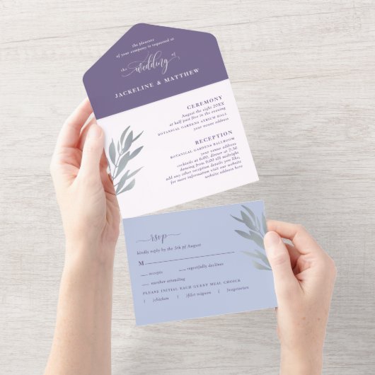 Moderne Paarse bruiloft met geperforeerde RSVP All In One Uitnodiging (Afscheurbaar)