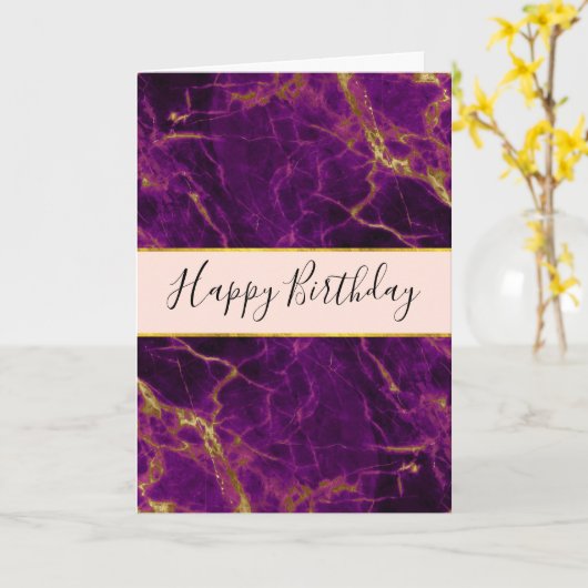 Moderne Paarse en gouden Abstracte marmerdag Kaart (Gele Bloem)