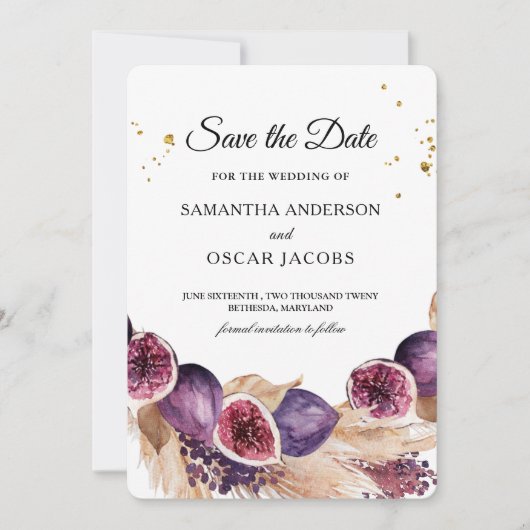 Moderne Paarse figuren en pampas- en goudvallen Save The Date (Voorkant)