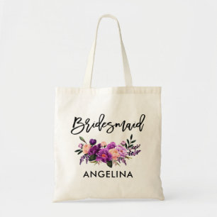Moderne Paarse Floral Bridesmaid in penseelscript Tote Bag
