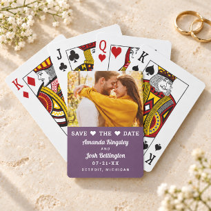 Moderne Paarse Foto Hart Bewaar de Datum Pokerkaarten