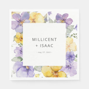 Moderne Paarse & Gele Violets Bloemen Huwelijk Servet