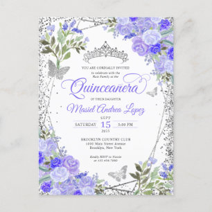 Moderne Paarse Glam Silver Tiara Quinceañera Briefkaart