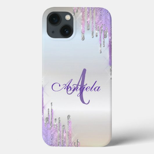 Moderne Paarse Glitter Druppels,Zilver,Monogram Case-Mate iPhone Case (Achterkant)