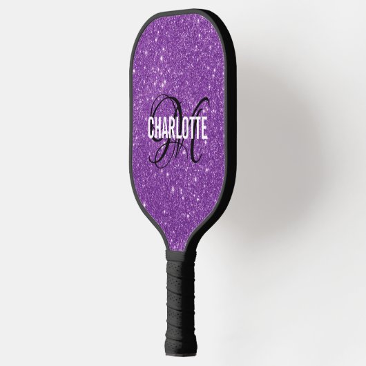 Moderne paarse glitter script monogram naam pickleball paddle (Links)