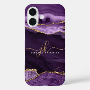 Moderne Paarse Glitter Script-monogram voor Agate  iPhone 16 Hoesje