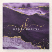 Moderne Paarse Glitter Script-monogram voor Agate  Glazen Onderzetter (Voorkant)