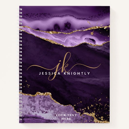Moderne Paarse Glitter Script-monogram voor Agate  Notitieboek (Voorkant)