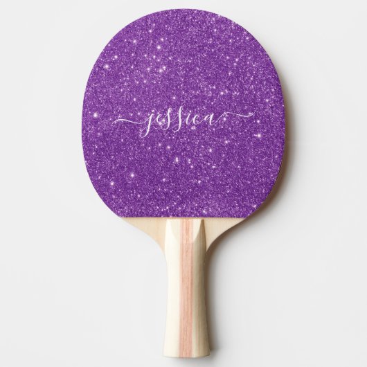 Moderne paarse glitter scriptnaam tafeltennisbatje (Voorkant)