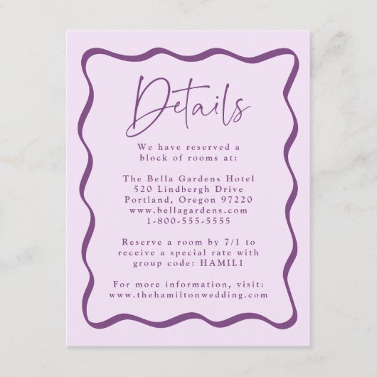 Moderne Paarse golvende Lijst bruiloft details Informatiekaartje (Voorkant)