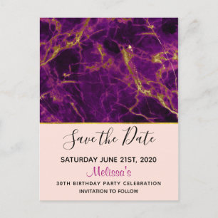 Moderne Paarse & Gouden Abstracte Marmer Save the  Briefkaart
