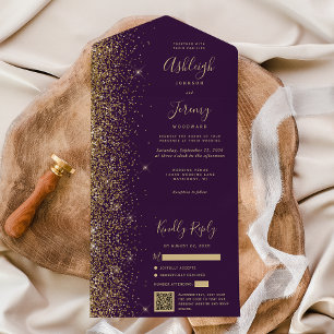Moderne paarse gouden glitters QR-code trouwkaart All In One Uitnodiging