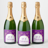 Moderne Paarse gouden vlinders Fabulous Birthday Sparkling Wijnetiket (Flessen)