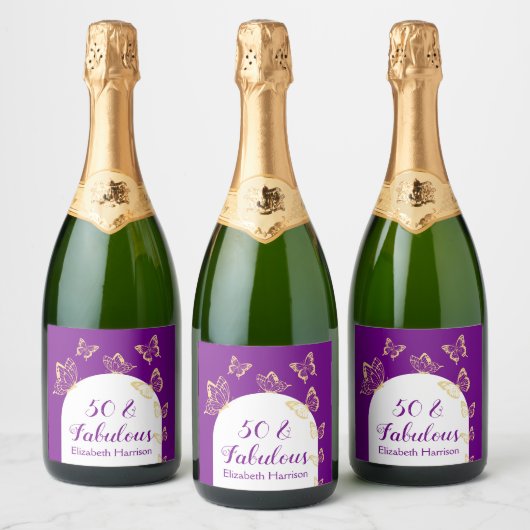 Moderne Paarse gouden vlinders Fabulous Birthday Sparkling Wijnetiket (Flessen)