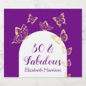Moderne Paarse gouden vlinders Fabulous Birthday Sparkling Wijnetiket (Enkel label)