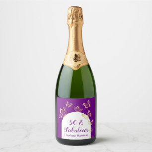 Moderne Paarse gouden vlinders Fabulous Birthday Sparkling Wijnetiket