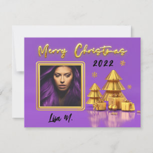 Moderne Paarse goudfoto met prettige kerstKaart Notitiekaartje