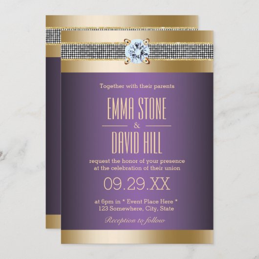 Moderne Paarse goudstapes Luxury Wedding Kaart (Voorkant / Achterkant)