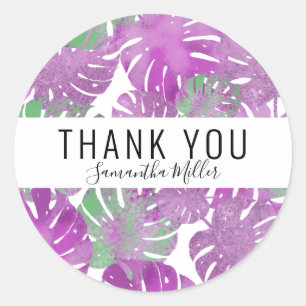 Moderne paarse groene tropische monstera plant bla ronde sticker