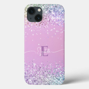Moderne Paarse Holografische Faux Glitter Monogram iPhone 13 Hoesje