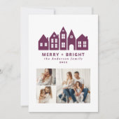 Moderne paarse kersthuizen met minimale kerstmis 3 feestdagenkaart (Voorkant)