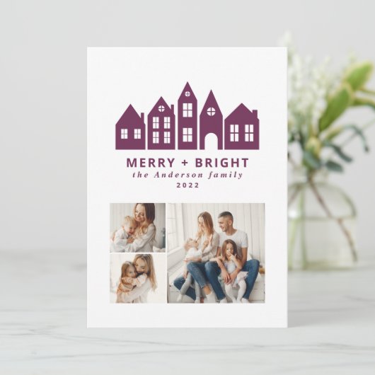 Moderne paarse kersthuizen met minimale kerstmis 3 feestdagenkaart (Staand voorkant)