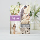 Moderne Paarse lavendel foto collage bruiloft Bedankkaart (Staand voorkant)