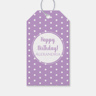 Moderne Paarse Lila Polka Dots Naam Happy Birthday Cadeaulabel