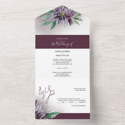 Moderne Paarse Lotus Waterverf met handbeschilderd All In One Uitnodiging (Binnen)