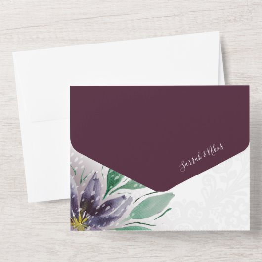 Moderne Paarse Lotus Waterverf met handbeschilderd All In One Uitnodiging (Achterkant)