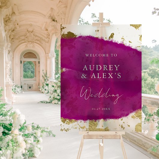 Moderne Paarse magenta gouden bruiloft welkom Acryl Bord