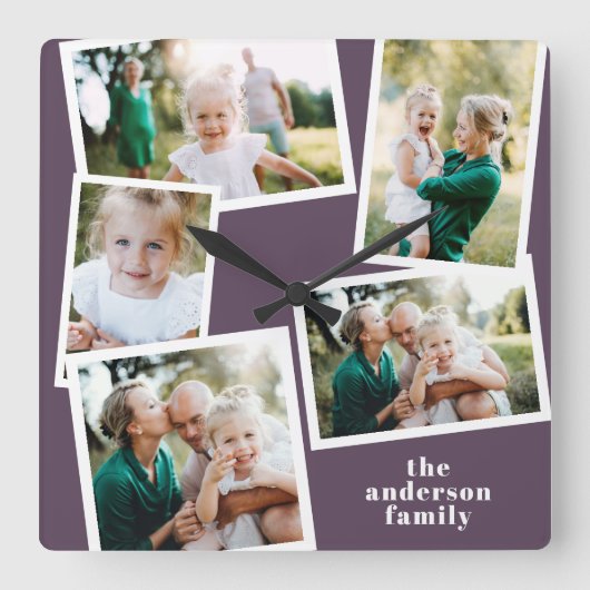 Moderne paarse multi-fotoreportemonnee vierkante klok (Voorkant)